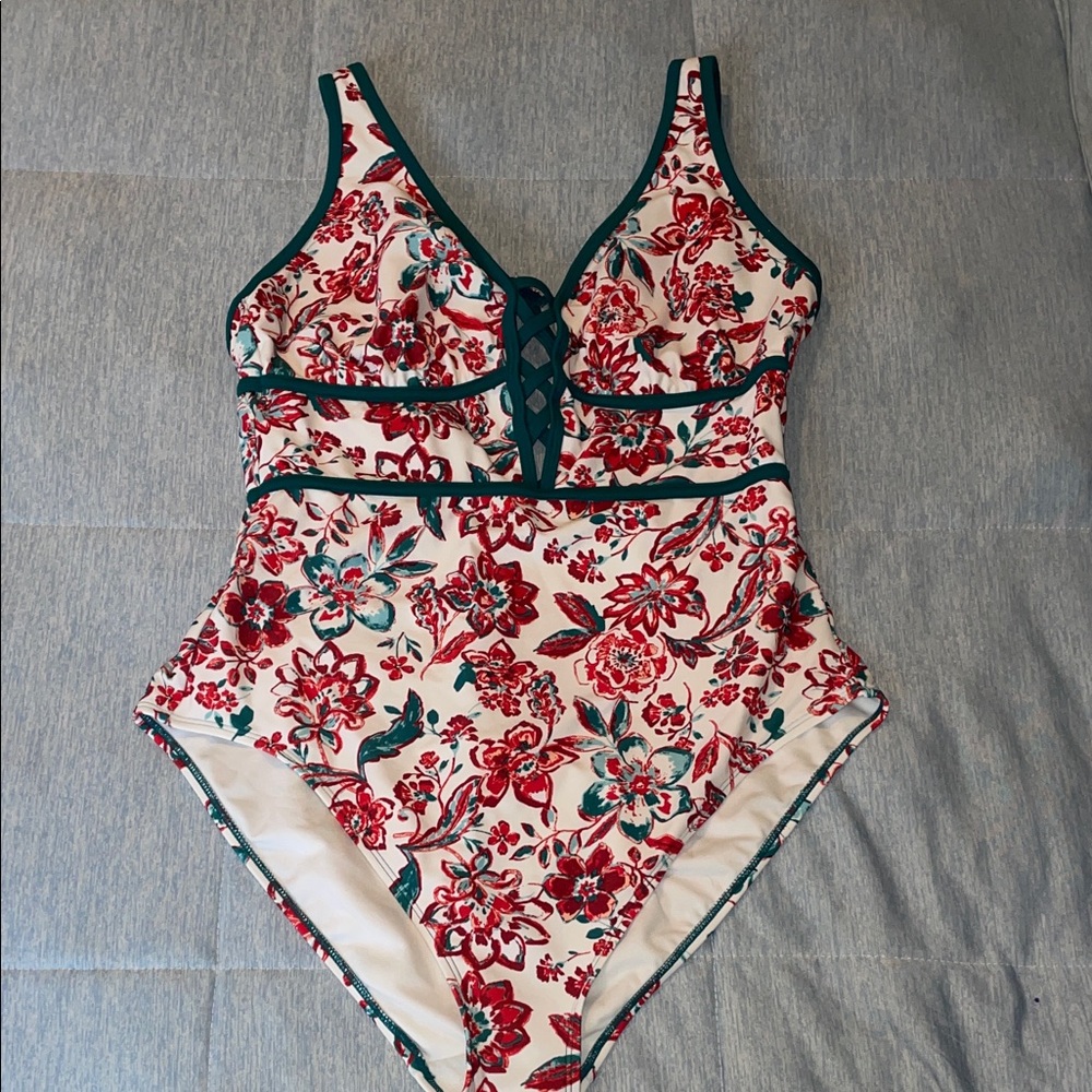 Adore Me Floral One Piece Swimsuit - Red and Green